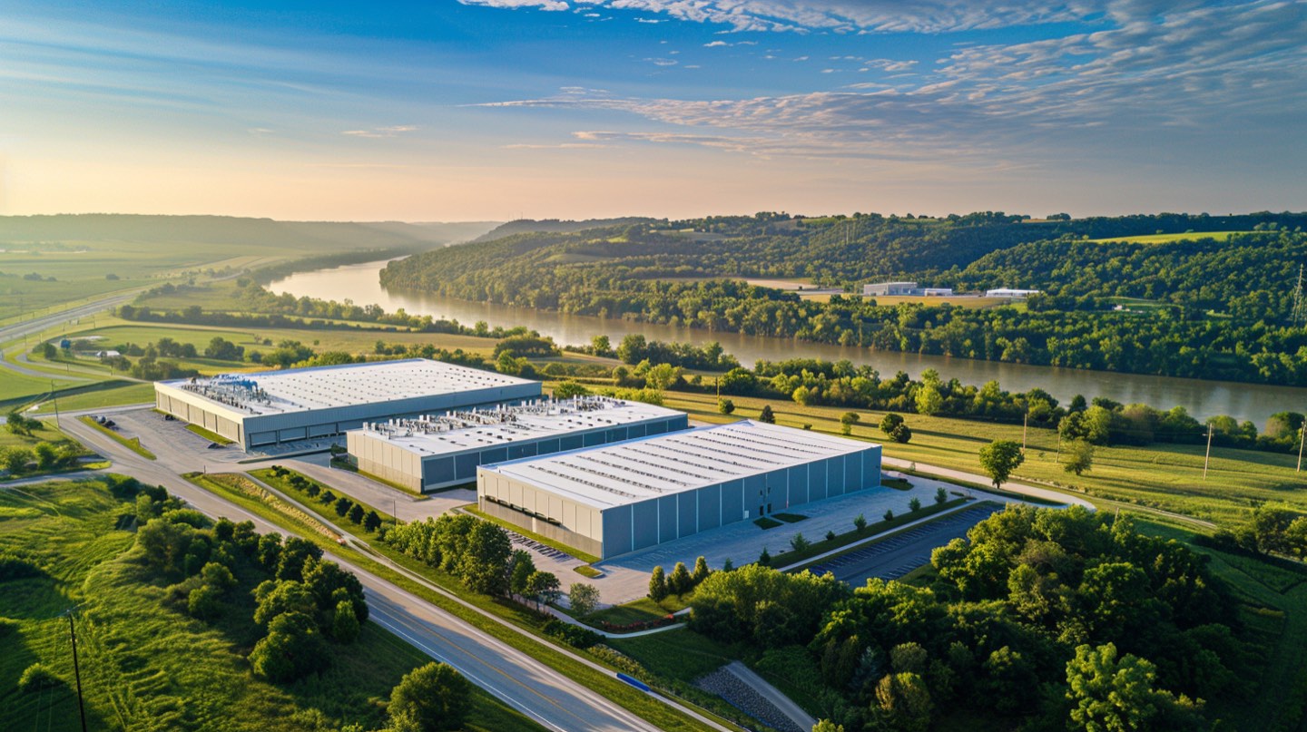 Illustrative image of a modern data center campus in a rolling river-valley landscape — not the actual Festus project site.
